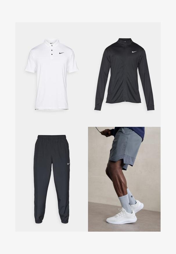 Musta urheilutakki pitkillä hihoilla, kauluksella ja kokonaisella vetoketjulla. Täydentää hienovarainen Nike-logo valkoisena vasemmassa ylärinnassa. Litteä pinta.; Valkoinen Nike-polo, jossa on klassinen kaulus, kolme mustaa nappia ja pieni musta logo vasemmassa yläkulmassa. Lyhyet hihat, sileä pinta.; Mustat juoksuhousut, jotka on valmistettu kevyestä kankaasta, jossa on joustava vyötärö, nilkkasuut ja huomaamaton Nike-logo vasemmalla puolella.; Valkoiset urheilukengät, joissa on karkea verkkomateriaali, yhdessä vaaleansinisten ribattujen sukkien kanssa, joissa on logo. Harmaat urheiluhousut, joissa on rei'itetty reunus.