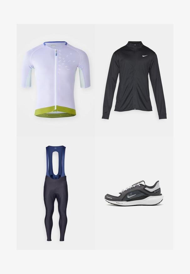 Sort atletisk jakke med lange ærmer, krave og fuld lynlås. Har et diskret Nike-logo i hvidt på den øverste venstre side af brystet. Glat tekstur.; Lyse lilla cykeltrøje med kortærmer, struktureret mesh-stof, hel lynlås og grøn kant forneden med brandlogo i sort.; Rapha MENS CORE WINTER WITH PAD - Tights - dark navy/navy; Sort og grå atletisk sko med en mesh-overdel, reflekterende detaljer og en hvid mellemsål. Har en tekstureret gummisål og snørebånd.