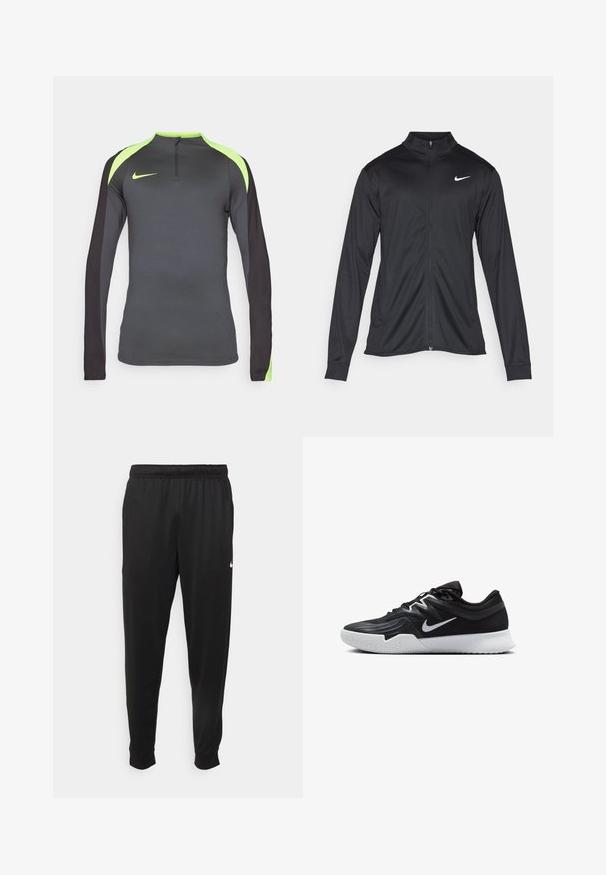 Crna sportska jakna s dugim rukavima, ovratnikom i punim patentnim zatvaračem. Ima suptilan Nike logo u bijeloj boji na gornjem lijevom dijelu prsne oznake. Glatka tekstura.; Nike Performance STRIKE DRILL TOP - Top dugih rukava - anthracite/black/volt; Crne atletske hlače od glatkog materijala, s elastičnom pasicom, sužavajućim nogavicama i malim bijelim logom na lijevoj strani.; Crna sportska cipela s teksturiranim gornjim dijelom, bijelim Nike swooshom i bijelim gumennim potplatom. Ima dizajn s vezanjem i dinamičan oblik.