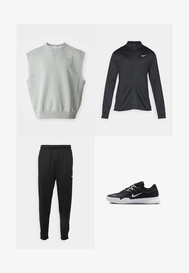 Svart idrottsjacka med långa ärmar, krage och full dragkedja. Har en diskret Nike-logga i vitt på övre vänstra bröstet. Slät yta.; Grå ärmlös sweatshirt med rundad hals, mjuk textur och siddragkedjor. Har en liten Nike-logga på övre vänster sida.; Svarta träningsbyxor i slät tyg, med elastisk midja, avsmalnande ben och en liten vit logotyp på vänster sida.; Svarta träningsskor med en texturerad ovandel, vit Nike-logga och en vit gummisula. Har snörningsdesign och en dynamisk form.