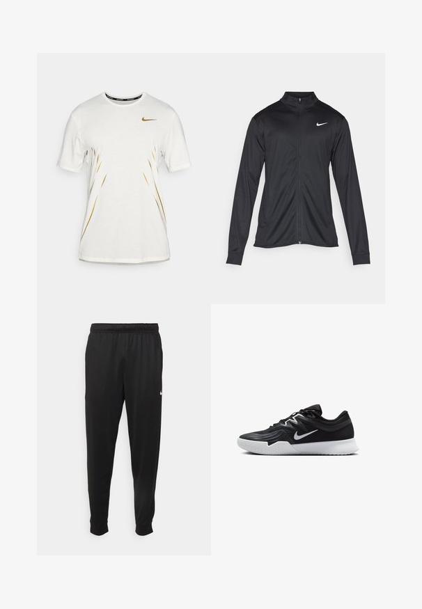 Must värvi sportlik jakk pikkade varrukatega, krae ja täispikk tõmblukk. Ülemises vasakus rinnas on diskreetne valge Nike logo. Sile tekstuur.; Valge lühikeste varrukatega T-särk kuldsete aktsentjoonte ja musta Nike logo ning ümara kaelusega. Valmistatud tekstuuriga kangast.; Mustad mustekad athletic-püksid sujuvast kangast, elastse vöökoha, kitsenevate jalgade ja väikese valge logoga vasakul küljel.; Must mustad jalanikesad rikaste ülaservaga, valge Nike swoosh'i ja valge kummist välispõhjaga. Omab paeltega sulgemisdetaili ja dünaamilist kuju.