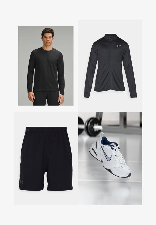 Must värvi sportlik jakk pikkade varrukatega, krae ja täispikk tõmblukk. Ülemises vasakus rinnas on diskreetne valge Nike logo. Sile tekstuur.; Must mustariga pikkade varrukatega särk, millel on tekstuuriga muster, ümar kaelus ja raglansleeved, kantud mustade treeningpõhjadega.; Mustad must vennishortsid elastse vööga, millel on vasakul jalal diskreetne hall logo. Siledast kangast, põlvepikkune disain.; Valge sportlik king, millel on tumesinine aktsent, võrgusilmast ja nahast ülemine osa, tugevdusvarvas ja must kummist sisetald. Omab eristuvat Nike brändimist.