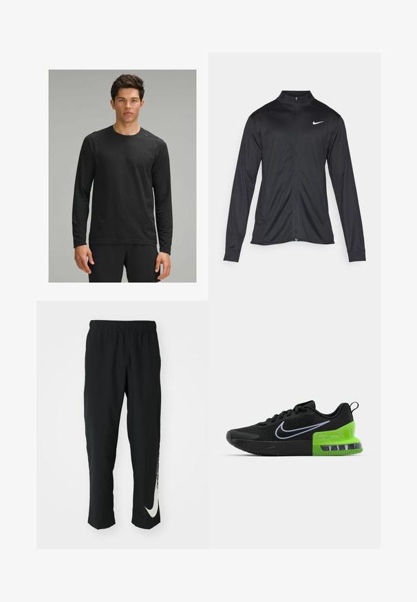 Czarna sportowa kurtka z długimi rękawami, kołnierzem i pełnym zamkiem. Posiada subtelne logo Nike w białym kolorze na lewej górnej części klatki piersiowej. Gładka tekstura.; Czarna koszula z długim rękawem o teksturowanym wzorze, okrągłym dekolcie i rękawach raglanowych, noszona z czarnymi spodniami sportowymi.; Czarne spodnie sportowe z elastycznym paskiem, zwężający się fason, z dużym białym logo Nike na lewej nogawce. Miękka, lekka tkanina.; Czarny but sportowy z siateczkową cholewką, z zielono-czarną podeszwą z poduszką powietrzną oraz białym logo Nike w kształcie swoosh.