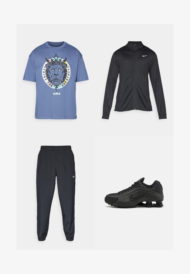 Schwarze Sportjacke mit langen Ärmeln, Kragen und voller Reißverschluss. Verfügt über ein dezentes Nike-Logo in Weiß auf der oberen linken Brust. Glatte Textur.; Blaues Baumwoll-T-Shirt mit einem Löwenmotiv und einer Krone, umgeben von dem Text "STREBE NACH GROßARTIGKEIT." Kurze Ärmel, lockere Passform.; Schwarze Trainingshose aus einem leichten Stoff mit elastischem Bund, Knöchelabschlüssen und einem dezenten Nike-Logo auf der linken Seite.; Schwarze Laufschuhe mit einem glatten synthetischen Obermaterial, durchbrochenen Akzenten, strukturierten Seitenpaneelen und einer ausgeprägten federnden Sohle.