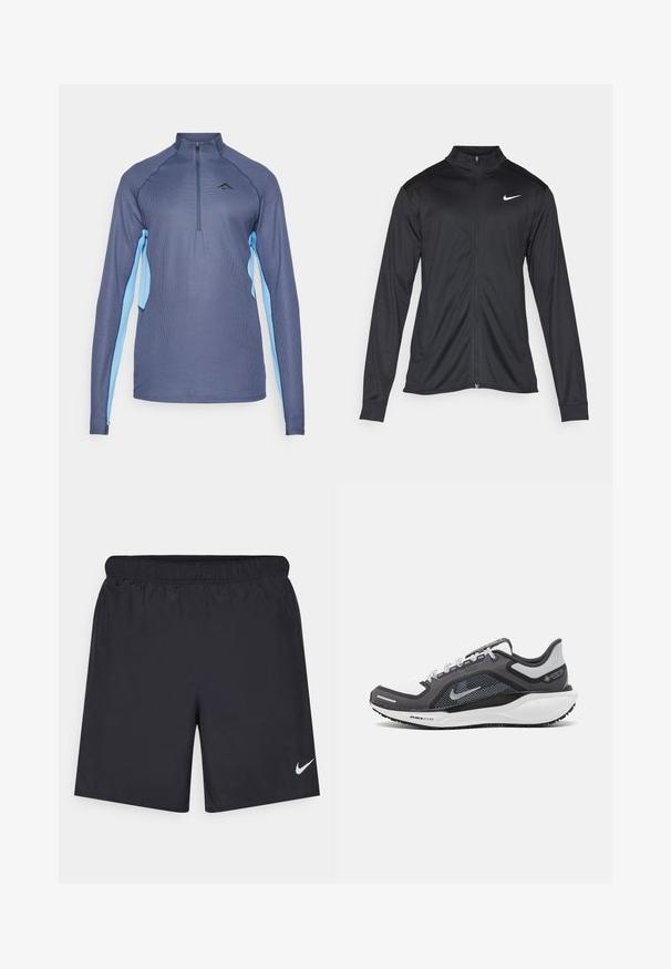 Giacca sportiva nera con maniche lunghe, colletto e zip completa. Presenta un logo Nike in bianco sulla parte superiore del lato sinistro del petto. Tessuto morbido.; Maglietta sportiva a maniche lunghe di colore blu scuro con pannelli laterali blu chiaro, zip a quarto, e tessuto testurizzato. Presenta il logo sul petto.; Shorts sportivi neri realizzati in materiale leggero con vita elastica. Presentano un piccolo logo Nike bianco sul lato sinistro in basso.; Scarpa da ginnastica nera e grigia con tomaia in rete, dettagli riflettenti e intersuola bianca. Presenta una suola in gomma testurizzata e lacci.