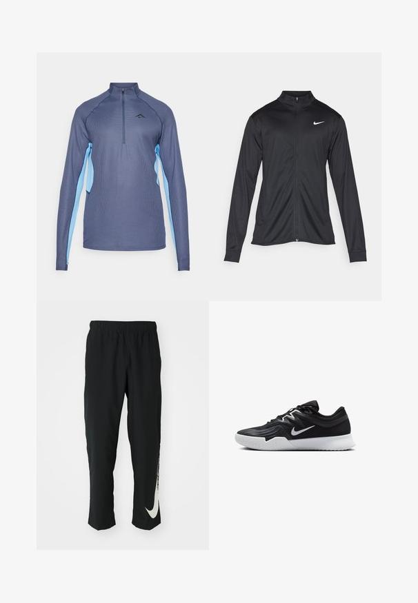 Zwarte sportjack met lange mouwen, kraag en volle rits. Voorzien van een subtiele Nike-logo in het wit op de bovenste linkerborst. Soepele textuur.; Langarm sportshirt in donkerblauw met lichtblauwe zijpanelen, kwart rits en gestructureerde stof. Voorzien van een logo op de borst.; Zwarte sportbroeken met elastische tailleband, taps toelopend ontwerp, met een groot wit Nike-logo op het linkerbeen. Zachte, lichte stof.; Zwarte sportieve schoen met een gestructureerde bovenkant, witte Nike swoosh en een witte rubberen zool. Beschikt over een veterontwerp en een dynamische vorm.