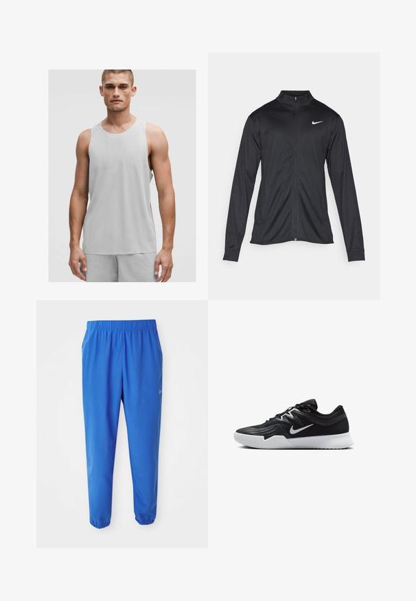 Svart idrottsjacka med långa ärmar, krage och full dragkedja. Har en diskret Nike-logga i vitt på övre vänstra bröstet. Slät yta.; Ljusgrå sporttopp utan ärmar med rund halsringning, tillverkad av ett andningsbart material med subtila texturdetaljer.; Blå träningbyxor med elastisk midja, raka ben och avsmalnade mudd. Har Nike-logotyp i guld på vänster sida.; Svarta träningsskor med en texturerad ovandel, vit Nike-logga och en vit gummisula. Har snörningsdesign och en dynamisk form.