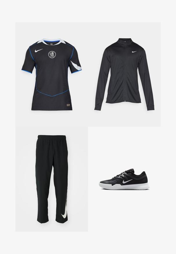 Sort atletisk jakke med lange ærmer, krave og fuld lynlås. Har et diskret Nike-logo i hvidt på den øverste venstre side af brystet. Glat tekstur.; Sort kortærmet jersey med blå detaljer, struktureret stof og rund hals. Har et logo i midten og hvide sidepaneler.; Sorte træningsbukser med elastisk talje, der taper ind, og har et stort hvidt Nike-logo på venstre ben. Blødt, letvægtsstof.; Sort atletiksko med en tekstureret overdel, hvid Nike swoosh og en hvid gummisål. Har en snørret design og dynamisk form.