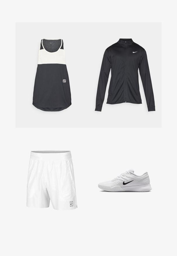 Juodas sportinis švarkas su ilgomis rankovėmis, apykakle ir pilnu užtrauktuku. Yra subtilus baltas Nike logotipas kairėje krūtinės pusėje. Lygus tekstūra.; Juoda ir kremine spalvos marškinėliai be rankovių, su tekstūruotu audiniu, apvaliu apvadu ir logotipo pleistru arčiau apačios.; Balti sportiniai šortai, pagaminti iš lengvos medžiagos, su elastinga juosta, su dviem šoninėmis kišenėmis ir mažu juodu logotipu ant apatinio krašto.; Baltas sportinis batas su tekstūruota tinkleliu, juodu Nike swoosh logotipu, paminkštintu apvadu ir guminėmis pado detalėmis su protektoriumi.