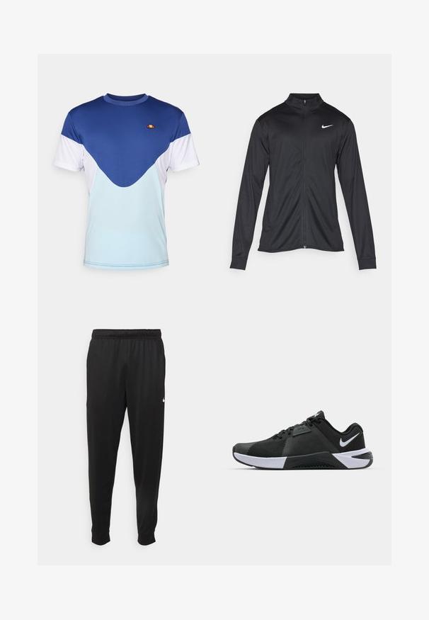 Jacket desportivo preto com mangas longas, colarinho e fecho zip completo. Apresenta um discreto logotipo da Nike em branco na parte superior do lado esquerdo do peito. Textura suave.; T-shirt masculino com uma parte superior azul, mangas brancas e um painel inferior azul claro. Tecido suave com um pequeno logótipo no peito.; Calças de desporto pretas feitas de tecido suave, com uma cintura elástica, pernas ajustadas e um pequeno logo branco no lado esquerdo.; Nike Performance METCON 10 - Sapatilha de treino - black/white/anthracite