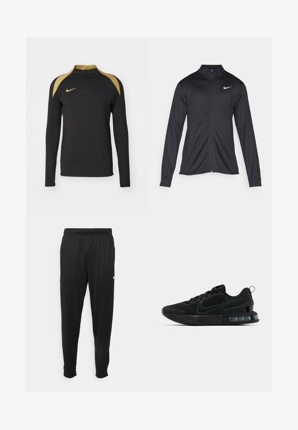 Jacket desportivo preto com mangas longas, colarinho e fecho zip completo. Apresenta um discreto logotipo da Nike em branco na parte superior do lado esquerdo do peito. Textura suave.; Camisa de desporto de manga longa preta com colarinho de meia abertura, detalhes em ouro nos ombros e um logótipo da Nike dourado no peito.; Calças de desporto pretas feitas de tecido suave, com uma cintura elástica, pernas ajustadas e um pequeno logo branco no lado esquerdo.; Ténis Nike pretos com parte superior em rede, sola texturizada e unidade de ar visível no calcanhar. Detalhes e logótipo num tom de preto mais escuro.
