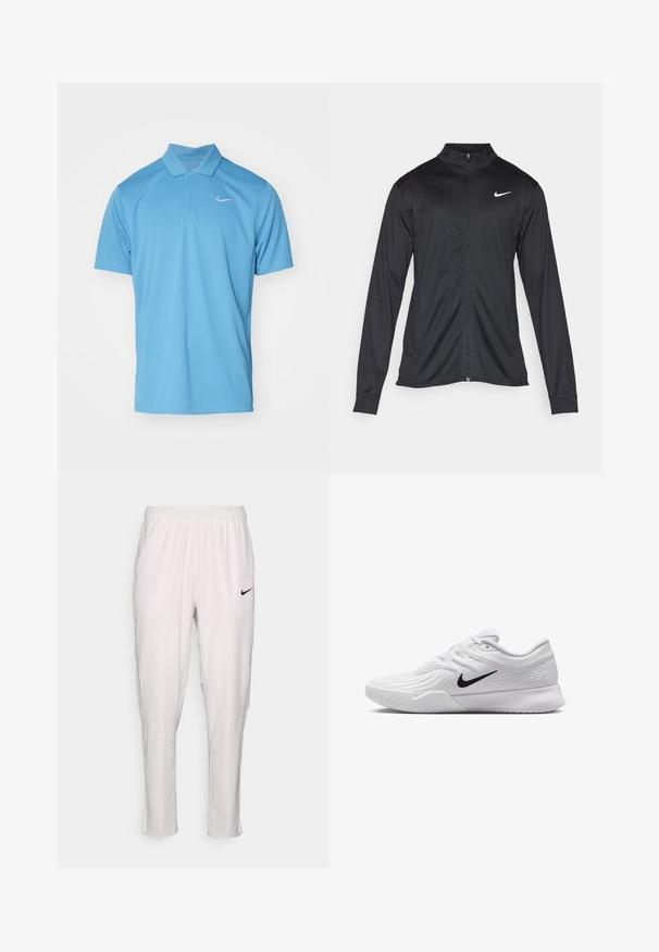 Schwarze Sportjacke mit langen Ärmeln, Kragen und voller Reißverschluss. Verfügt über ein dezentes Nike-Logo in Weiß auf der oberen linken Brust. Glatte Textur.; Nike Performance NIKECOURT SOLID - Poloshirt - blue beyond/white; Weiße Sporthose mit elastischem Bund. Sie hat eine schmale Passform, eine glatte Textur und ein kleines schwarzes Nike-Logo auf der Vorderseite.; Weißer Sportschuh mit strukturiertem Mesh-Obermaterial, schwarzem Nike-Swoosh, gepolstertem Kragen und Gummisohle mit einem Profilmuster.