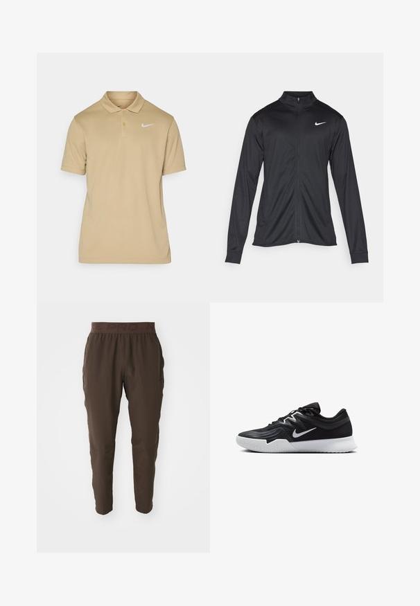 Fekete sportdzseki hosszú ujjal, gallérral és teljes cipzárral. Diszkrét fehér Nike logóval az upper bal mellen. Sima textúra.; Beige pólóing sima anyagból, klasszikus gallérral, rövid ujjakkal és fehér Nike logóval a bal mellel.; Barna sportnadrág, elasztikus derékkal. Könnyű anyagból készült, keskenyített lábbal és oldalsó zsebekkel. Minták nélkül.; Fekete sportcipő texturált felsőrésszel, fehér Nike logóval és fehér gumitalppal. Fűzős kialakítással és dinamikus formával rendelkezik.