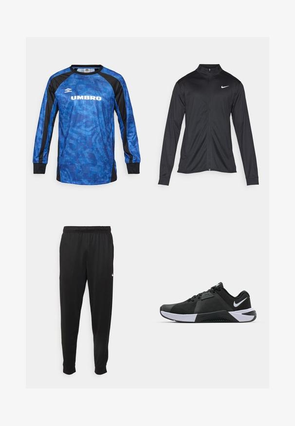 Black athletic jacket with long sleeves, collar, and full zipper. Features a subtle Nike logo in white on the upper left chest. Smooth texture.; Long-sleeved blue sports jersey with a geometric pattern and black accents. Features the Umbro logo in white on the front.; Black athletic pants made of smooth fabric, featuring an elastic waistband, tapered legs, and a small white logo on the left side.; Nike Performance METCON 10 - Training shoe - black/white/anthracite