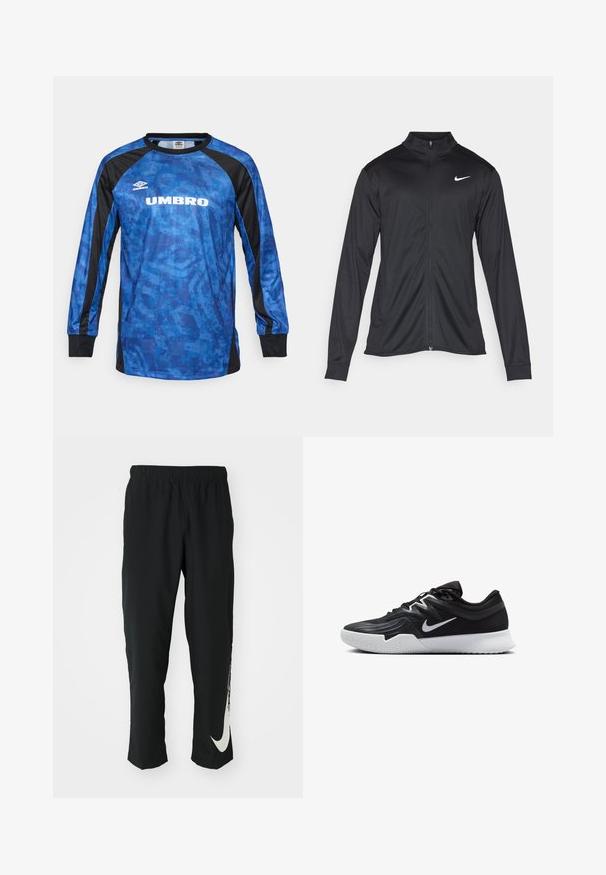 Jacket desportivo preto com mangas longas, colarinho e fecho zip completo. Apresenta um discreto logotipo da Nike em branco na parte superior do lado esquerdo do peito. Textura suave.; Camisola desportiva de manga longa azul com um padrão geométrico e detalhes em preto. Apresenta o logo da Umbro em branco na parte da frente.; Calças atléticas pretas com cintura elástica, design afunilado, apresentando um grande logótipo branco da Nike na perna esquerda. Tecido macio e leve.; Sapatilha atlética preta com um cabedal texturizado, swoosh branco da Nike e uma sola de borracha branca. Apresenta um design com atacadores e uma forma dinâmica.