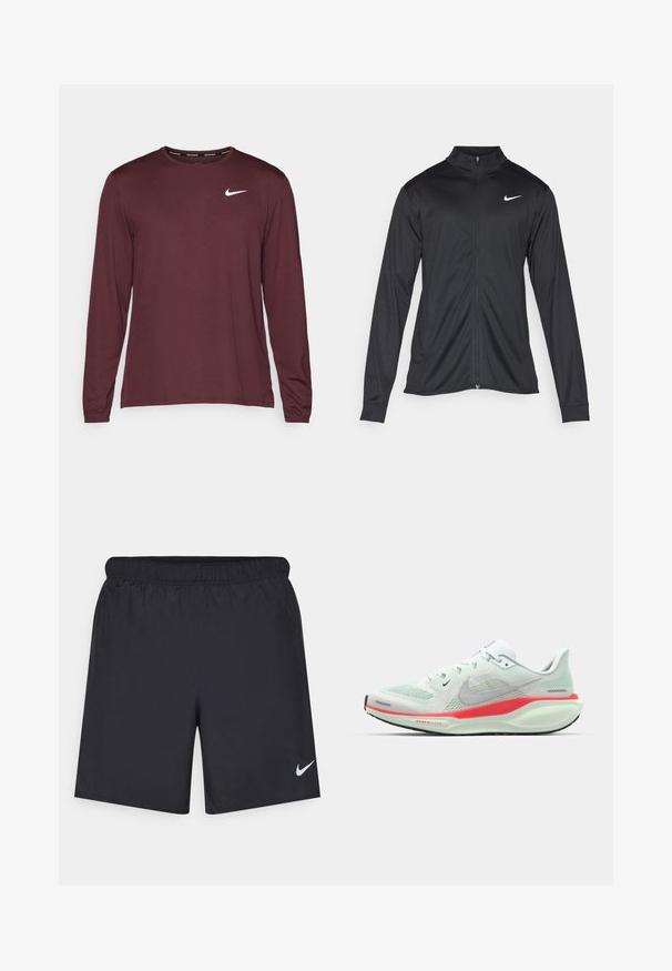 Must värvi sportlik jakk pikkade varrukatega, krae ja täispikk tõmblukk. Ülemises vasakus rinnas on diskreetne valge Nike logo. Sile tekstuur.; Burgundiapunane pika varrukaga sportlik särk, mis on valmistatud siledast kangast ja millel on vasakul rindkerel valge Nike logo ning ümar kaelus.; Mustad mustikud lühikesed püksid, mis on valmistatud kergest materjalist ja millel on elastne vöökoht. Alumisel vasakul küljel on väike valge Nike logo.; Heled roheline Nike jooksujalats, millel on võrgutehnoloogiaga pehmest ülemine, roosa ja valge tallaga, väljendades ilusat ja moodsa disainiga stiili.