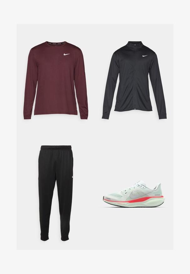 Črna atletska jakna z dolgimi rokavi, ovratnikom in polnim zadrgo. Vključuje diskreten bel Nike logotip na zgornjem levem delu prsnega koša. Gladka tekstura.; Dolga športna majica bordo barve iz gladkega blaga z belim logotipom Nike na levem prsnem delu in okroglim izrezom.; Črne športne hlače iz gladkega materiala, z elastičnim pasom, zoženimi hlačnicami in majhnim belim logotipom na levi strani.; Svetlozeleni Nike tenejki za tek z mrežastim zgornjim delom, ki imajo roza in belo podplat, ter prikazujejo eleganten, sodoben dizajn.