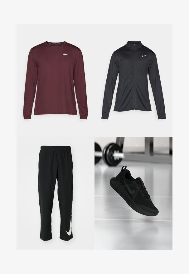 Black athletic jacket with long sleeves, collar, and full zipper. Features a subtle Nike logo in white on the upper left chest. Smooth texture.; Burgundy long-sleeve athletic shirt made of smooth fabric featuring a white Nike logo on the left chest and a round neckline.; Black athletic pants with elastic waistband, tapering design, featuring a large white Nike logo on the left leg. Soft, lightweight fabric.; Black athletic shoe with a textured mesh upper, rubber sole, and a prominent dark swoosh logo. Features a padded collar and lace-up design.