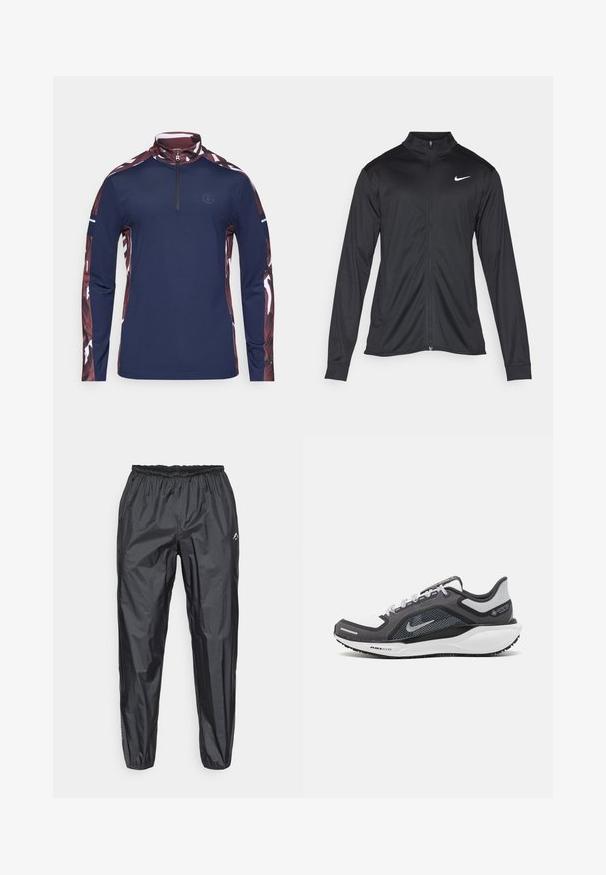 Must värvi sportlik jakk pikkade varrukatega, krae ja täispikk tõmblukk. Ülemises vasakus rinnas on diskreetne valge Nike logo. Sile tekstuur.; Tumesinine pika varrukaga pullover, millel on veerandvõtmine krae. Omab mustrilisi burgundi värvi varrukaid koos valgete aktsentidega ja väikest logo rinnal.; Meeste mustad veekindlad vihmapüksid, valmistatud kerge sünteetilise materjali, elastse vöökoha ja kitseneva jala disainiga.; Mustern ja hallide värvusega spordijalats, millel on võrgusilmast ülemine osa, peegeldavad aktsendid ja valge vaheosa. Omab tekstuuriga kummist välisosa ja kingapaelu.