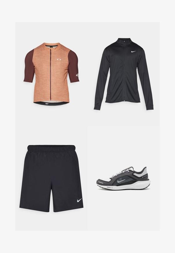 Must värvi sportlik jakk pikkade varrukatega, krae ja täispikk tõmblukk. Ülemises vasakus rinnas on diskreetne valge Nike logo. Sile tekstuur.; Lühikeste varrukatega jalgrattasärk oranžis ja tumepruunis. Struktureeritud kangas ees oleva lukuga ja brändimisega varrukal. Sile, sportlik lõige.; Mustad mustikud lühikesed püksid, mis on valmistatud kergest materjalist ja millel on elastne vöökoht. Alumisel vasakul küljel on väike valge Nike logo.; Mustern ja hallide värvusega spordijalats, millel on võrgusilmast ülemine osa, peegeldavad aktsendid ja valge vaheosa. Omab tekstuuriga kummist välisosa ja kingapaelu.