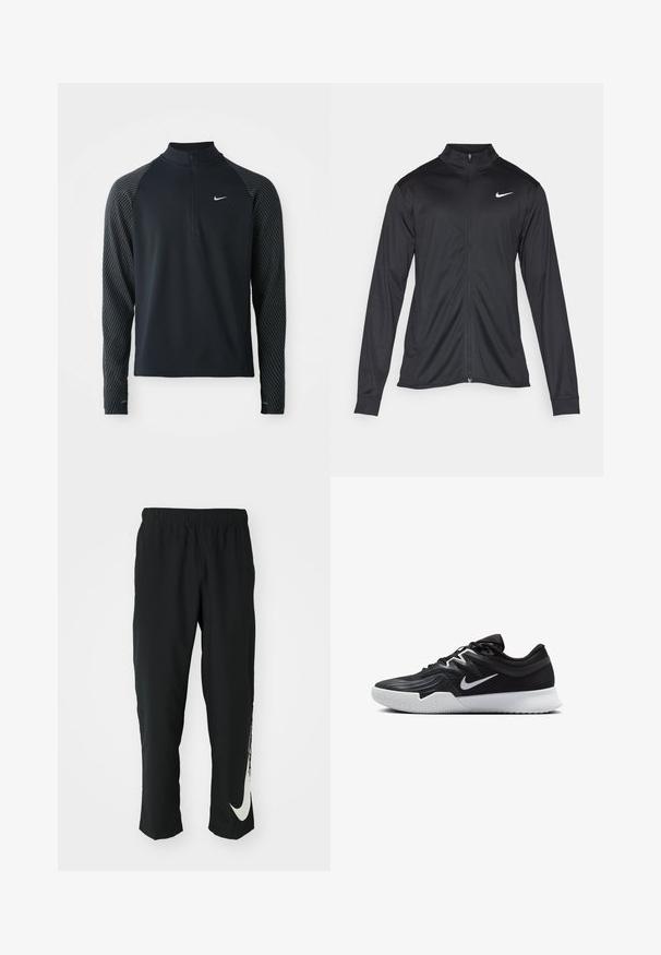 Black athletic jacket with long sleeves, collar, and full zipper. Features a subtle Nike logo in white on the upper left chest. Smooth texture.; Black athletic long-sleeve top with a half-zip collar, featuring patterned dark gray raglan sleeves and a small white Nike logo on the chest.; Black athletic pants with elastic waistband, tapering design, featuring a large white Nike logo on the left leg. Soft, lightweight fabric.; Black athletic shoe with a textured upper, white Nike swoosh, and a white rubber outsole. Features a lace-up design and dynamic shape.