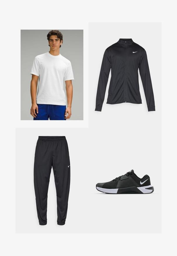 Musta urheilutakki pitkillä hihoilla, kauluksella ja kokonaisella vetoketjulla. Täydentää hienovarainen Nike-logo valkoisena vasemmassa ylärinnassa. Litteä pinta.; Valkoinen lyhytnahkainen t-paita, jossa on pyöreä kaula-aukko, sileä rakenne eikä näkyviä kuvioita tai logoja, yhdistettynä sinisiin urheiluhaalareihin.; Mustat urheiluhousut, joissa on joustava vyötärö, kapenevat lahkeet ja pieni valkoinen Nike-logo vasemmassa reidessä. Tasainen kangas, ei kuvioita.; Nike Performance METCON 10 - Treenikenkä - black/white/anthracite