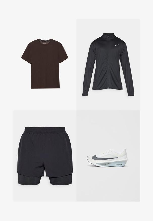 Melna sporta jaka ar garām piedurknēm, apkakli un pilnu rāvējslēdzēju. Uz kreisā krūts augšdaļas ir maigs Nike logo baltā krāsā. Gluda tekstūra.; Brūns īsām piedurknēm T-krekls, izgatavots no mīksta auduma, ar apaļu kakla izgriezumu un vienkāršu dizainu ar minimālām šuvēm.; Melni sporta šorti ar elastīgu jostasvietu, slāņotā dizainā un pieguļošu iekšējo oderi. Gluda tekstūra, izstrādāti ērtai valkāšanai.; Baltas sporta apavs ar pelēku sieta augšdaļu, zilas ZoomX putas vidusdaļā un izliekts zole, kas nodrošina uzlabotu propelēšanu un komfortu.