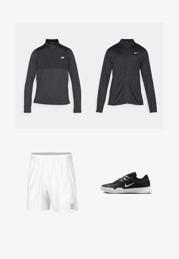 Crna sportska jakna s dugim rukavima, ovratnikom i punim patentnim zatvaračem. Ima suptilan Nike logo u bijeloj boji na gornjem lijevom dijelu prsne oznake. Glatka tekstura.; Crna sportska majica dugih rukava s ovratnikom na četvrtinu, koja ima teksturiranu tkaninu i mali logo na lijevoj strani prsnog koša.; Bijele atletske kratke hlače izrađene od lagane tkanine s elastičnim pojasom, koje imaju dva bočna džepa i mali crni logo na rubu.; Crna sportska cipela s teksturiranim gornjim dijelom, bijelim Nike swooshom i bijelim gumennim potplatom. Ima dizajn s vezanjem i dinamičan oblik.