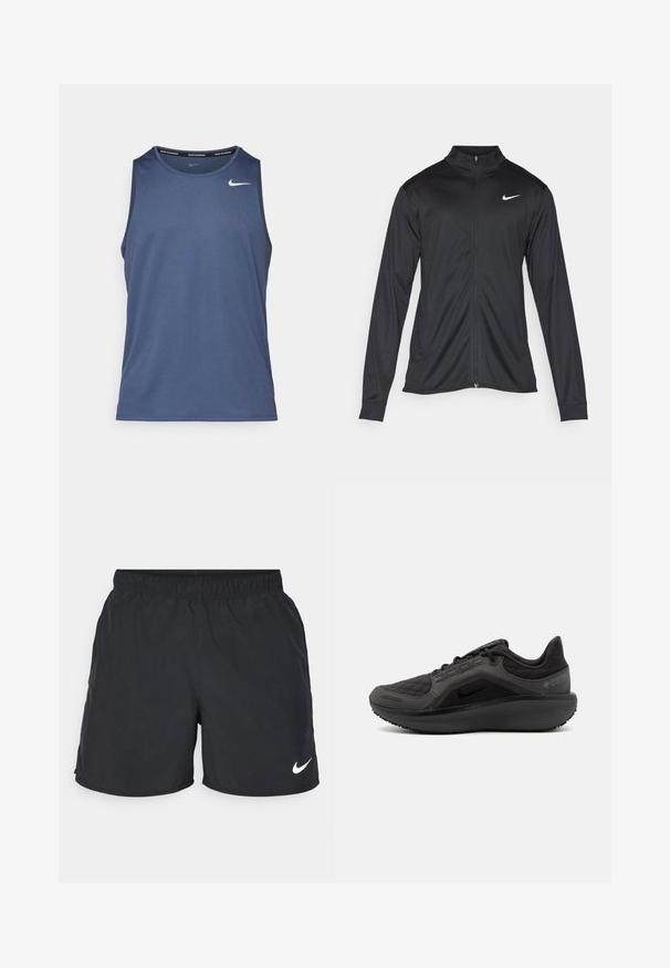 Jachetă sportivă neagră cu mâneci lungi, guler și fermoar complet. Prezintă un logo Nike subtil, alb, pe pieptul din stânga sus. Textură netedă.; Top sportiv albastru, cu guler rotund, fabricat dintr-un material care absoarbe umezeala. Dispune de un mic logo alb Nike pe piept.; Shorts sportive negre dintr-un material ușor, cu o talie elastică și un logo alb Nike pe partea inferioară stângă.; Pantof de sport negru cu un superior texturat, matlasat, design elegant și talpă din cauciuc negru. Dispune de un logo vizibil și branding Gore-Tex.
