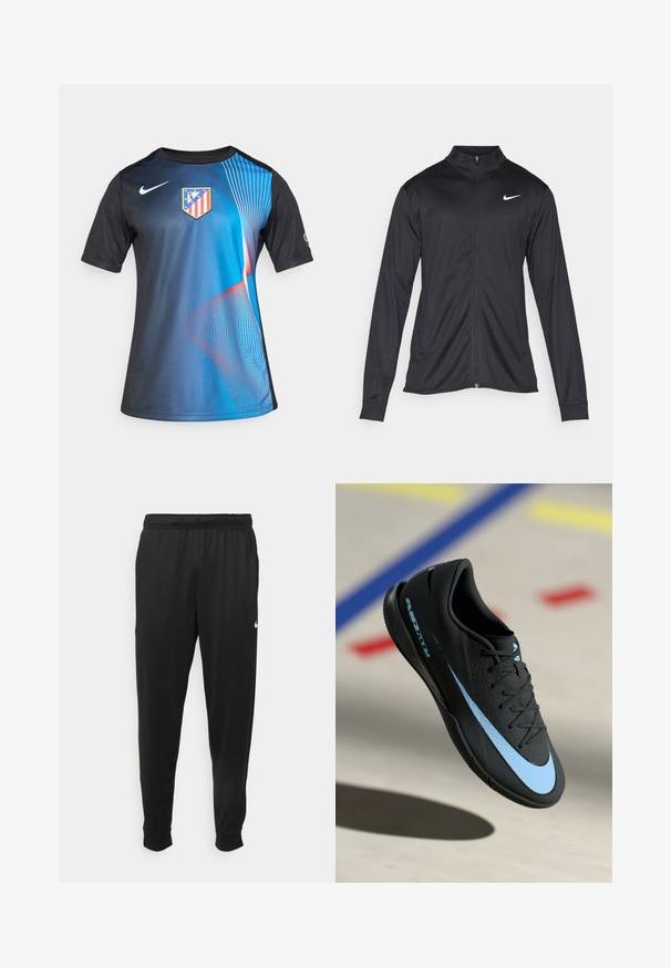 Musta urheilutakki pitkillä hihoilla, kauluksella ja kokonaisella vetoketjulla. Täydentää hienovarainen Nike-logo valkoisena vasemmassa ylärinnassa. Litteä pinta.; Lyhytnäyttöinen urheilu-ottelupaita, jossa on sininen ja musta gradienttimuotoilu, Nike-logo ja joukkueen vaakuna. Sujuva kangas, jossa on dynaamisia viivamalleja.; Mustat urheiluhousut, jotka on valmistettu sileästä kankaasta. Niissä on joustava vyötärö, kapenevat lahkeet ja pieni valkoinen logo vasemmalla puolella.; Mustat urheilukengät sinisillä yksityiskohdilla, teksturoitu pinta, nauhallinen muotoilu ja erottuva Nike-logo. Kumipohja, jossa on pitoprofiilit.