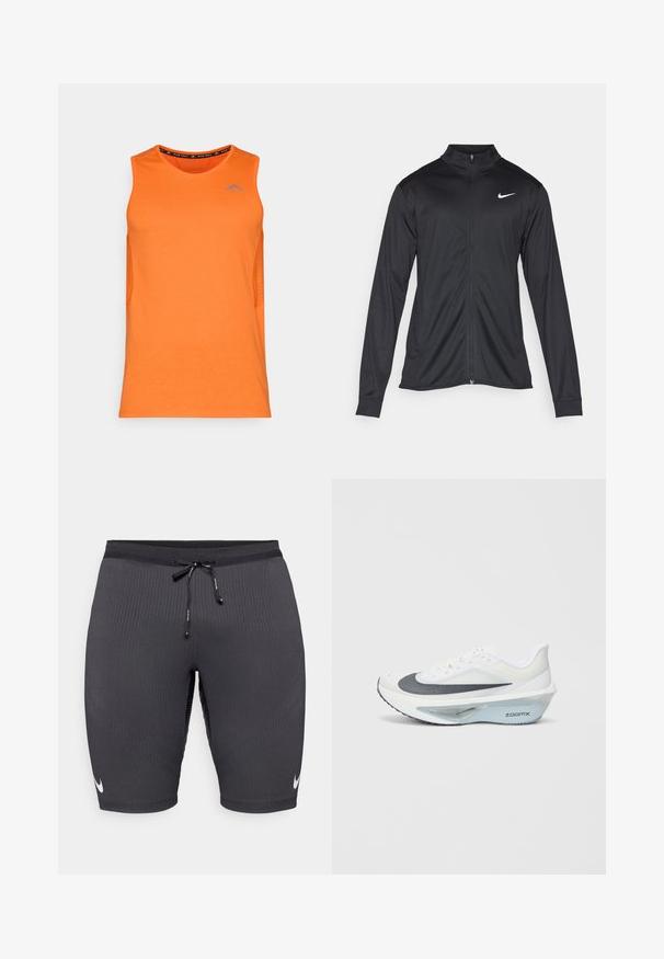 Chaqueta atlética negra con mangas largas, collar y cremallera completa. Presenta un sutil logo de Nike en blanco en la parte superior izquierda del pecho. Textura suave.; Camiseta sin mangas atlética naranja, con textura de malla en los laterales y un logo azul en el pecho. Tela suave, escote de cuello redondo.; Shorts atléticos negros de tela acanalada, con cintura ajustable mediante cordón y un pequeño logo blanco de Nike en el lado izquierdo.; Zapatilla deportiva blanca con parte superior de malla gris, media suela de espuma ZoomX azul y suela curva para una mayor propulsión y comfort.
