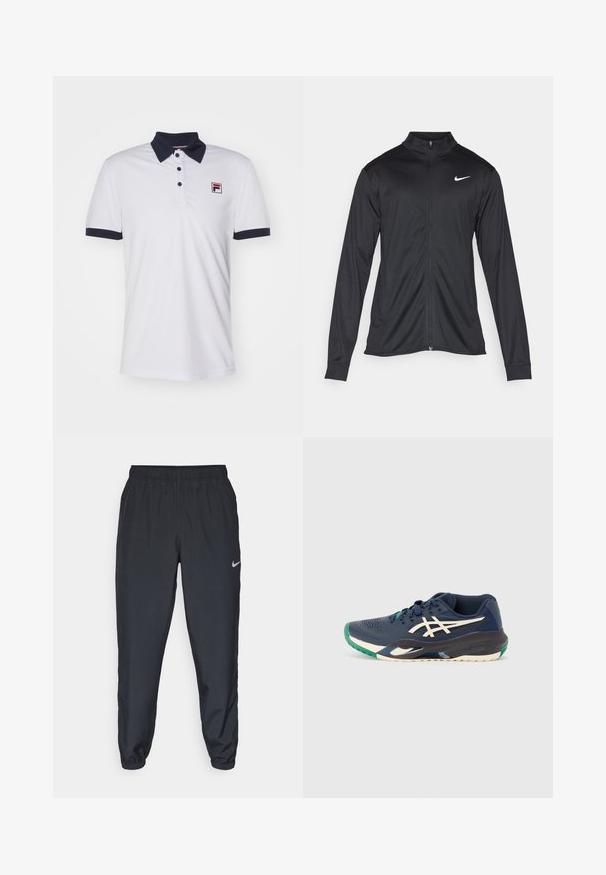 Črna atletska jakna z dolgimi rokavi, ovratnikom in polnim zadrgo. Vključuje diskreten bel Nike logotip na zgornjem levem delu prsnega koša. Gladka tekstura.; Fila MARC - Polo majica - white; Črne trenirke iz lahkega materiala z elastičnim pasom, manšetami na gležnjih in diskretnim logotipom Nike na levi strani.; Moralni atletik čevlji s mrežnim zgornjim delom, belim logotipom, zelenim poudarkom na prstih in večbarvnim podplatom. Poenostavljen dizajn z teksturirano površino.