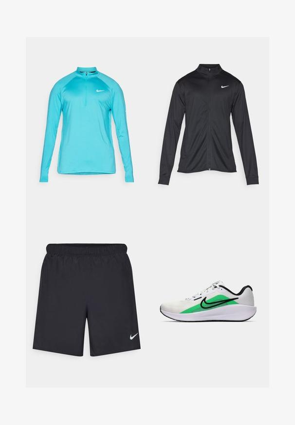 Giacca sportiva nera con maniche lunghe, colletto e zip completa. Presenta un logo Nike in bianco sulla parte superiore del lato sinistro del petto. Tessuto morbido.; Maglia sportiva a maniche lunghe Nike di un brillante colore turchese, con zip a un quarto e logo swoosh bianco sul petto, esposta su uno sfondo semplice.; Shorts sportivi neri realizzati in materiale leggero con vita elastica. Presentano un piccolo logo Nike bianco sul lato sinistro in basso.; Scarpa da ginnastica bianca con un accento verde, logo nero, tomaia in rete, suola ammortizzata e tacco arrotondato. Presenta lacci e dettagli a contrasto.