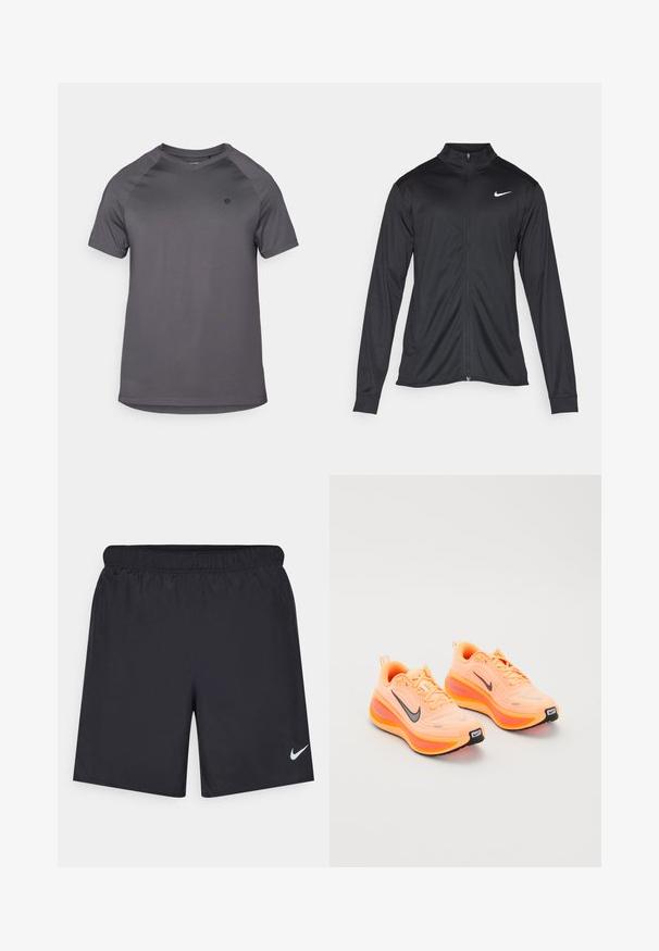 Fekete sportdzseki hosszú ujjal, gallérral és teljes cipzárral. Diszkrét fehér Nike logóval az upper bal mellen. Sima textúra.; Szürke sportpóló, kerek nyakkivágással, rövid raglánujjakkal, sima textúrával és logóval a bal oldalon.; Fekete sportnadrág könnyű anyagból, rugalmas derékkal. A bal alsó oldalon egy kis fehér Nike-logó található.; Egy élénk narancssárga Nike ZoomX futócipő pár fekete swoosh logókkal és vastag párnázott talppal fehér háttéren.