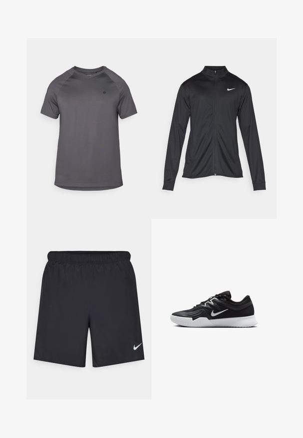 Schwarze Sportjacke mit langen Ärmeln, Kragen und voller Reißverschluss. Verfügt über ein dezentes Nike-Logo in Weiß auf der oberen linken Brust. Glatte Textur.; Graues Sport-T-Shirt mit rundem Ausschnitt, kurzen Raglanärmeln und glatter Textur sowie einem Logo auf der linken Seite.; Schwarze sportliche Shorts aus leichtem Material mit einem elastischen Bund. Auf der unteren linken Seite befindet sich ein kleines weißes Nike-Logo.; Schwarzer Sportschuh mit strukturiertem Obermaterial, weißem Nike-Warenzeichen und einer weißen Gummisohle. Verfügt über ein Schnürdesign und eine dynamische Form.