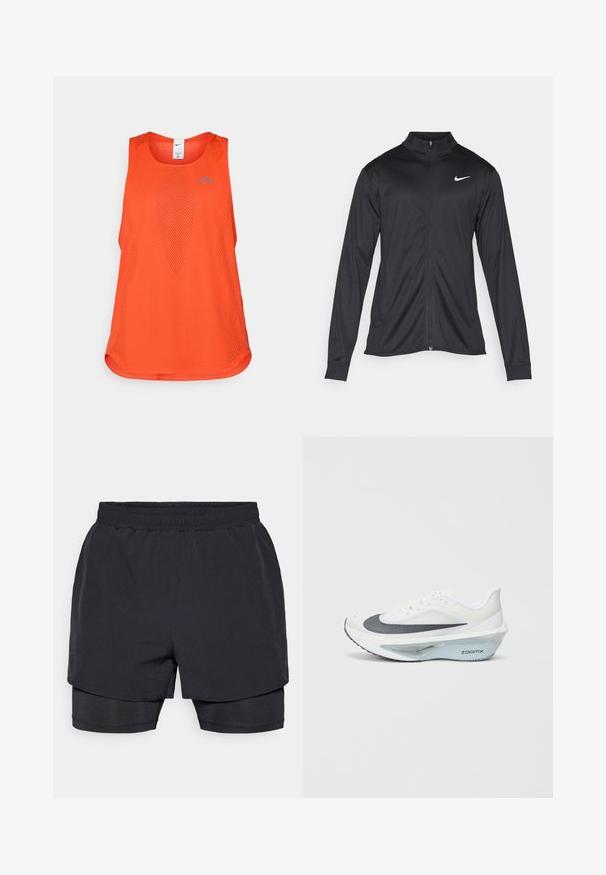 Musta urheilutakki pitkillä hihoilla, kauluksella ja kokonaisella vetoketjulla. Täydentää hienovarainen Nike-logo valkoisena vasemmassa ylärinnassa. Litteä pinta.; Oranssi urheilutoppi, joka on valmistettu verkkoaineesta. Siinä on pyöreä kaula-aukko, hihaton muotoilu ja rintakehässä hillitty sininen logo.; Musta urheilushortsit, joissa on joustava vyötärö, kerroksellinen muotoilu ja istuva sisävuori. Sujuva pinta, suunniteltu mukavuutta varten.; Valkoiset urheilukengät, joissa on harmaa verkko-osa, sininen ZoomX-vaahtomidepohja ja kaareva ulkopohja parantamaan liikkuvuutta ja mukavuutta.