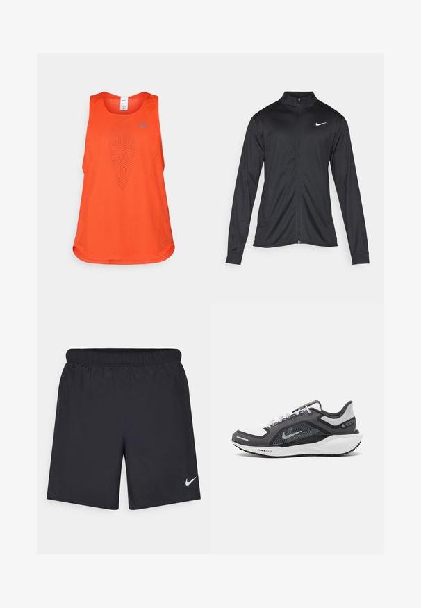 Čierna športová bunda s dlhými rukávmi, golierom a plným zipsom. Obsahuje nenápadné logo Nike v bielej farbe na hornej ľavej hrudi. Hladká textúra.; Oranžová športová tielko vyrobené z mriežkovanej látky. Má okrúhly výstrih, bezrukávový dizajn a jemné modré logo na hrudníku.; Čierne atletické šortky z ľahkého materiálu s elastickým pásom. Na dolnej ľavej strane majú malé biele logo Nike.; Čierna a sivá športová obuv s vrchnou časťou z priedušného materiálu, reflexné akcenty a biely medzipodrážka. Obsahuje štruktúrovanú gumovú podrážku a šnúrky.