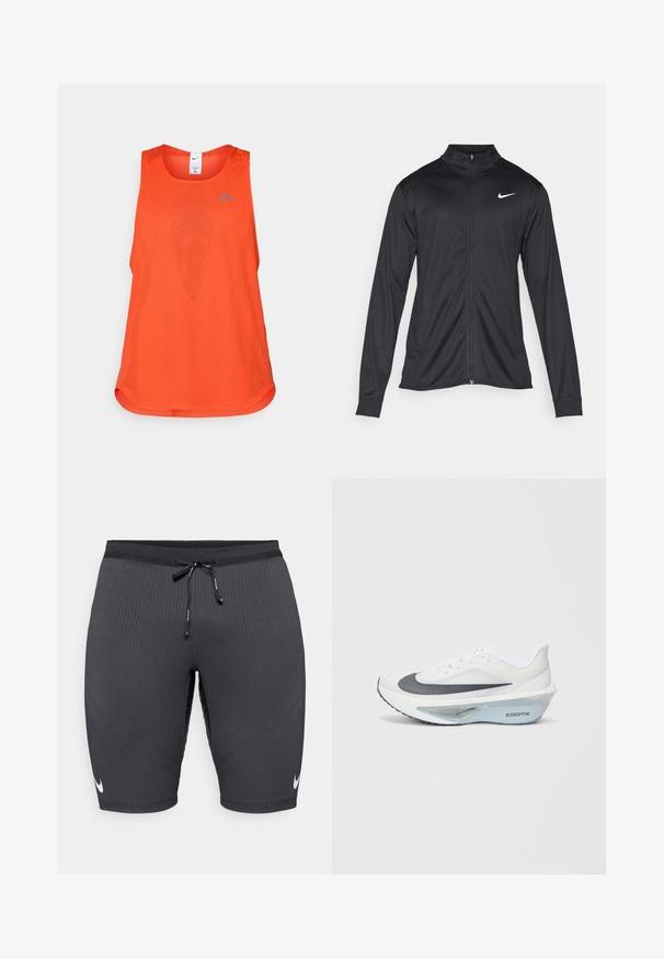 Crna sportska jakna s dugim rukavima, ovratnikom i punim patentnim zatvaračem. Ima suptilan Nike logo u bijeloj boji na gornjem lijevom dijelu prsne oznake. Glatka tekstura.; Narančasti sportski top od mrežastog materijala. Ima okrugli izrez, bez rukava i diskretan plavi logo na prsima.; Crne sportske kratke hlače od rebrastog materijala, s remenom za pričvršćivanje s uzicom i malim bijelim Nike logom s lijeve strane.; Bijela atletska tenisica s gornjim dijelom od sive mrežice, plavim ZoomX pjenastim srednjim slojem i zakrivljenim potplatom za poboljšanu propulziju i udobnost.