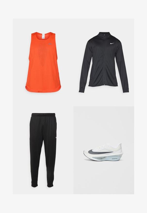 Melna sporta jaka ar garām piedurknēm, apkakli un pilnu rāvējslēdzēju. Uz kreisā krūts augšdaļas ir maigs Nike logo baltā krāsā. Gluda tekstūra.; Oranžs sporta bez piedurknēm topiņš no sieta auduma. Iezīmējas ar apaļu kakla izgriezumu, bez piedurknēm un diskrētu zilu logo uz krūšu zonas.; Melnas sporta bikses, kas izgatavotas no gludas auduma, ar elastīgu jostu, sašaurinošām kājām un mazu balto logo kreisajā pusē.; Baltas sporta apavs ar pelēku sieta augšdaļu, zilas ZoomX putas vidusdaļā un izliekts zole, kas nodrošina uzlabotu propelēšanu un komfortu.
