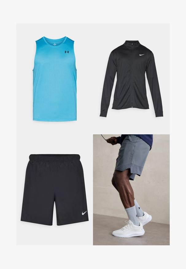 Jachetă sportivă neagră cu mâneci lungi, guler și fermoar complet. Prezintă un logo Nike subtil, alb, pe pieptul din stânga sus. Textură netedă.; Top sportiv fără mâneci de culoare albastru deschis, realizat din material sintetic, cu un logo negru în partea stângă sus și guler rotund.; Pantaloni scurți atletici negri, fabricați dintr-un material ușor, cu un talie elastică. Au un mic logo alb Nike în partea stângă jos.; Încălțăminte sport albă cu partea superioară din plasă texturată, asociată cu șosete ribbate de culoare bleu deschis care au un logo. Şorturi sportive gri cu margine perforată.
