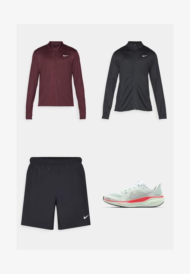 Jachetă sportivă neagră cu mâneci lungi, guler și fermoar complet. Prezintă un logo Nike subtil, alb, pe pieptul din stânga sus. Textură netedă.; Pulover Nike, de culoare vișinie, cu mânecă lungă, dotat cu un fermoar până la un sfert, fabricat dintr-un material ușor, cu un design ajustat și un mic logo alb pe pieptul stâng.; Pantaloni scurți atletici negri, fabricați dintr-un material ușor, cu un talie elastică. Au un mic logo alb Nike în partea stângă jos.; Adidas de alergare verde deschis cu un superior din plasă, având o talpă roz și albă, evidențiind un design elegant și modern.