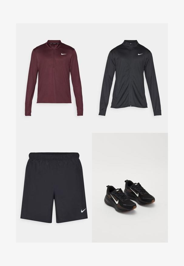 Must värvi sportlik jakk pikkade varrukatega, krae ja täispikk tõmblukk. Ülemises vasakus rinnas on diskreetne valge Nike logo. Sile tekstuur.; Bordo pikkade varrukatega Nike pullover, millel on neljandikukleeps, kerge kangas, läikiv disain ning väike valge logo vasakul rinnal.; Mustad mustikud lühikesed püksid, mis on valmistatud kergest materjalist ja millel on elastne vöökoht. Alumisel vasakul küljel on väike valge Nike logo.; Mustad mustad spordijalatsid, millel on hingav võrguga pealisosa, valge Nike Swoosh, tekstuuriga tald ja kontrastsed pruunid aktsendid. Sisaldab tugevdatud kontsa.