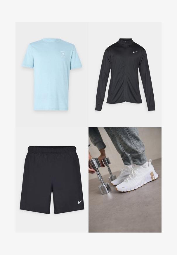 Jachetă sportivă neagră cu mâneci lungi, guler și fermoar complet. Prezintă un logo Nike subtil, alb, pe pieptul din stânga sus. Textură netedă.; Tricou din bumbac de culoare albastru deschis, cu guler rotund și mâneci scurte, având un mic logo alb în colțul din stânga sus. Design minimalist.; Pantaloni scurți atletici negri, fabricați dintr-un material ușor, cu un talie elastică. Au un mic logo alb Nike în partea stângă jos.; Adidași albi cu un sus texturat, talpă din cauciuc plat și accente de culoare maro deschis. Haltere argintii în prim-plan. Pantaloni de trening gri vizibili.