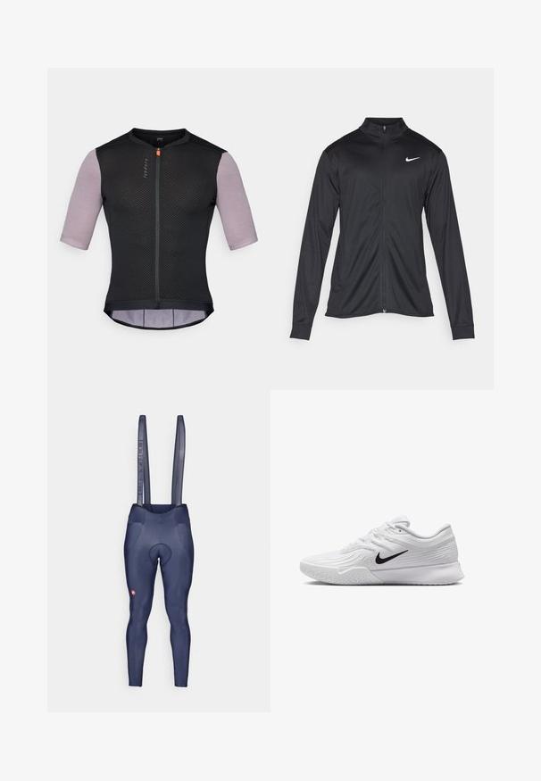 Veste de sport noire à manches longues, avec col et fermeture éclair intégrale. Présente un logo Nike subtil en blanc sur le côté supérieur gauche de la poitrine. Texture lisse.; Maillot de cyclisme noir avec des manches courtes à motifs. Doté d'une fermeture éclair sur le devant, d'un tissu en maille respirant et d'un dos légèrement allongé pour plus de couverture.; Bretelles en maille pour cuissard de cyclisme bleu marine, zone de siège rembourrée, texture du tissu lisse, et petit logo sur le bas de la jambe.; Baskets blanches avec tige en maille texturée, swoosh noir de Nike, col rembourré et semelle en caoutchouc avec un motif de crampons.