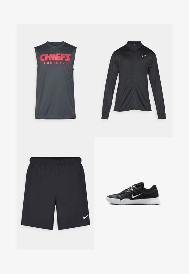 Jacket desportivo preto com mangas longas, colarinho e fecho zip completo. Apresenta um discreto logotipo da Nike em branco na parte superior do lado esquerdo do peito. Textura suave.; Camiseta sem mangas cinza com o texto vermelho "CHIEFS FOOTBALL" na frente e um pequeno logótipo vermelho da Nike na bainha. Tecido suave e atlético.; Calças de desporto pretas feitas de material leve com uma cintura elástica. Apresenta um pequeno logótipo branco da Nike no canto inferior esquerdo.; Sapatilha atlética preta com um cabedal texturizado, swoosh branco da Nike e uma sola de borracha branca. Apresenta um design com atacadores e uma forma dinâmica.