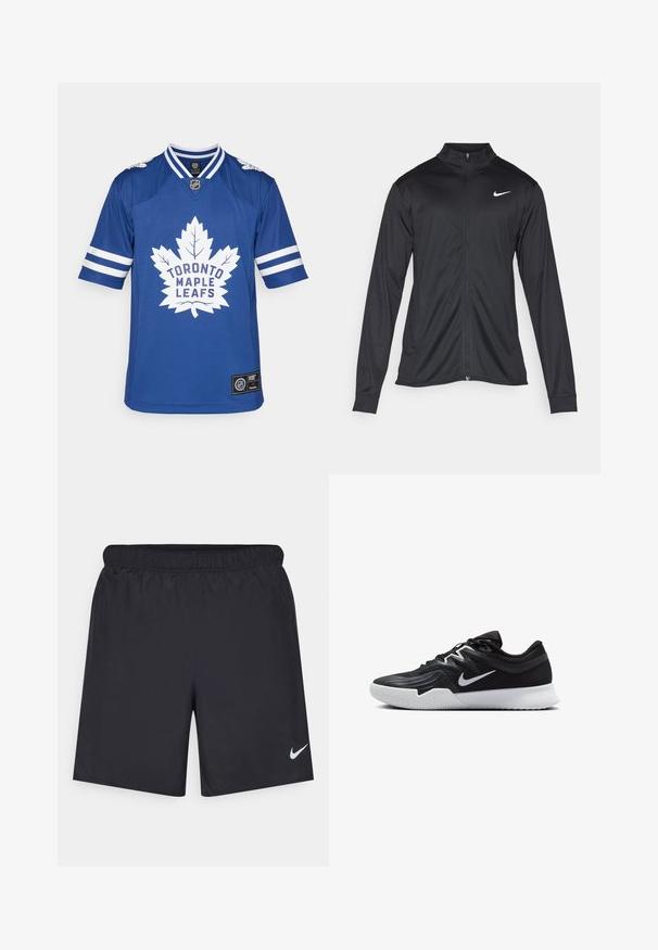 Jacket desportivo preto com mangas longas, colarinho e fecho zip completo. Apresenta um discreto logotipo da Nike em branco na parte superior do lado esquerdo do peito. Textura suave.; Camisa de hóquei azul com um grande logótipo branco em forma de folha de bordo e texto "TORONTO MAPLE LEAFS". Detalhes em riscas nas mangas e gola redonda.; Calças de desporto pretas feitas de material leve com uma cintura elástica. Apresenta um pequeno logótipo branco da Nike no canto inferior esquerdo.; Sapatilha atlética preta com um cabedal texturizado, swoosh branco da Nike e uma sola de borracha branca. Apresenta um design com atacadores e uma forma dinâmica.
