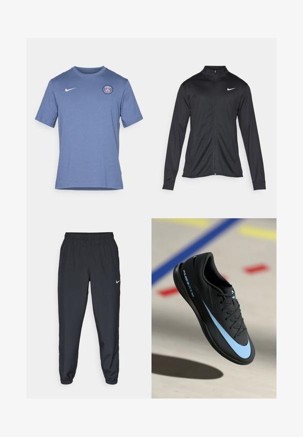 Crna sportska jakna s dugim rukavima, ovratnikom i punim patentnim zatvaračem. Ima suptilan Nike logo u bijeloj boji na gornjem lijevom dijelu prsne oznake. Glatka tekstura.; Plava majica s kratkim rukavima od mješavine pamuka. Ima bijeli Nike logo i okrugli Paris logo na lijevoj strani prsnog koša. Mekana tekstura.; Crne trenirke od laganog materijala s elastičnom trakom u struku, manžetama na gležnjevima i diskretnim Nike logom s lijeve strane.; Crne sportske cipele s plavim akcentima, teksturirana površina, s vezanjem i karakterističnim Nike logom. Gumeni potplat s uzorcima za prianjanje.