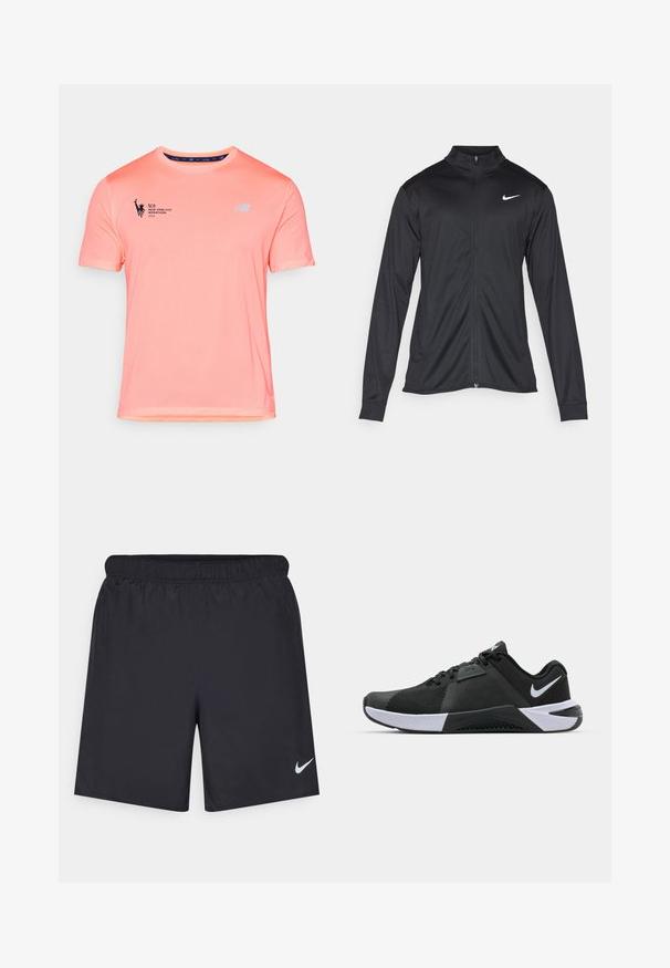 Jacket desportivo preto com mangas longas, colarinho e fecho zip completo. Apresenta um discreto logotipo da Nike em branco na parte superior do lado esquerdo do peito. Textura suave.; Camisa de corrida leve e de mangas curtas em rosa brilhante, com um acabamento texturizado, logótipo da New Balance e impressão "TCS New York City Marathon 2025".; Calças de desporto pretas feitas de material leve com uma cintura elástica. Apresenta um pequeno logótipo branco da Nike no canto inferior esquerdo.; Nike Performance METCON 10 - Sapatilha de treino - black/white/anthracite