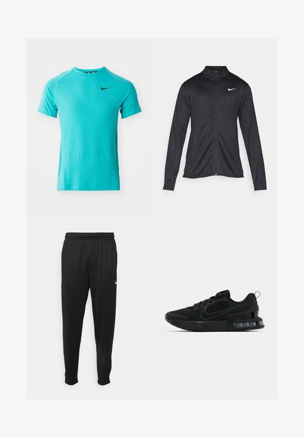 Črna atletska jakna z dolgimi rokavi, ovratnikom in polnim zadrgo. Vključuje diskreten bel Nike logotip na zgornjem levem delu prsnega koša. Gladka tekstura.; Svetlo turkizna športna majica s kratkimi rokavi, okroglim izrezom, zračno mrežastimi paneli in črnim Nike swoosh logotipom spredaj.; Črne športne hlače iz gladkega materiala, z elastičnim pasom, zoženimi hlačnicami in majhnim belim logotipom na levi strani.; Črne atletske tenisice Nike z mrežno zgornjico, gumijastim podplatom, oblazinjenim ovratnikom in značilnim prozornim poudarkom na peti.