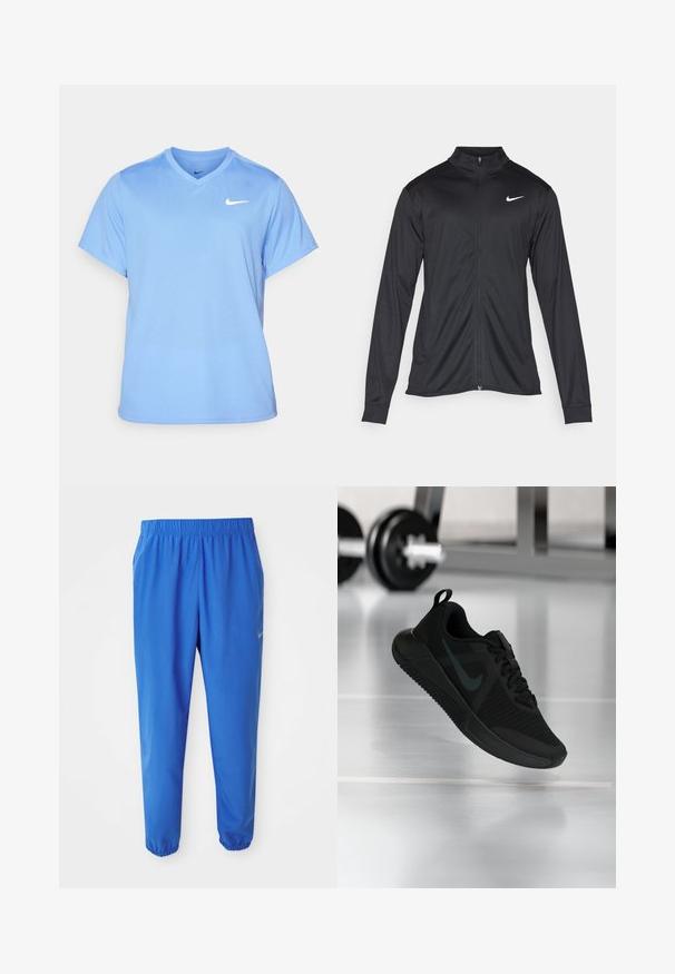 Svart idrottsjacka med långa ärmar, krage och full dragkedja. Har en diskret Nike-logga i vitt på övre vänstra bröstet. Slät yta.; Nike Performance TOP - T-shirt till träning - royal pulse/white; Blå träningbyxor med elastisk midja, raka ben och avsmalnade mudd. Har Nike-logotyp i guld på vänster sida.; Svart sportskor med texturerad mesh-ovandel, gummisula och en framträdande mörk swoosh-logotyp. Har vadderad krage och snörningsdesign.